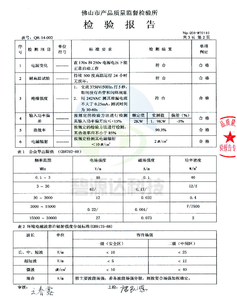 電磁加熱設備質量檢驗報告